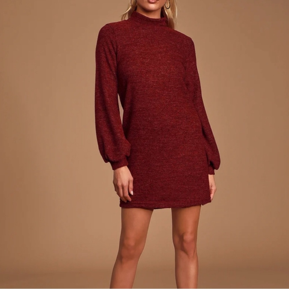 Lush x Urban Outfitters Elegant Burgundy Mock Neck Balloon Sleeve Sweater Dress